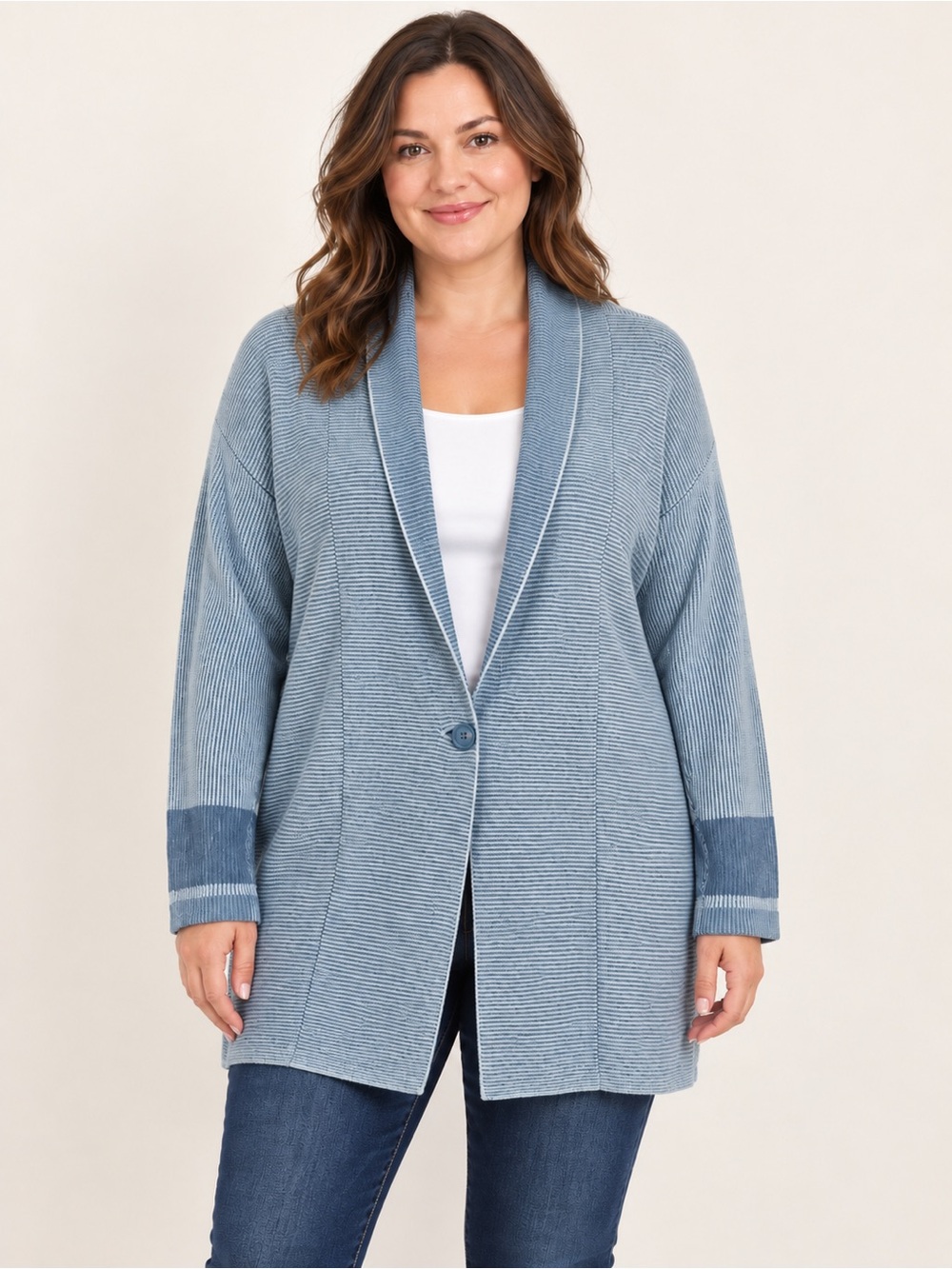 Brittany Black Two-Tone Light Blue Ribbed Shawl-Collar Cardigan